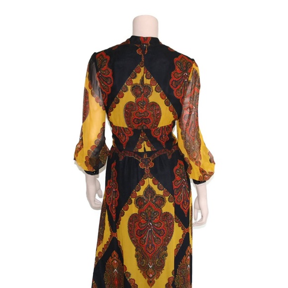 Paisley balloon sleeve dress, Vintage 60s maxi,  yellow & black gown 70s goddess - Picture 6 of 8